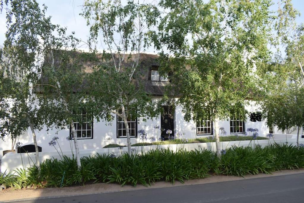 a white building with trees in front of it at Petite France:luxury thatched 4BRcottage with pool in Franschhoek