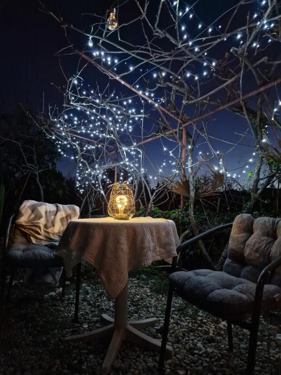 un tavolo con luci accese in giardino di notte di Studio apartman Karla a Fiume (Rijeka)