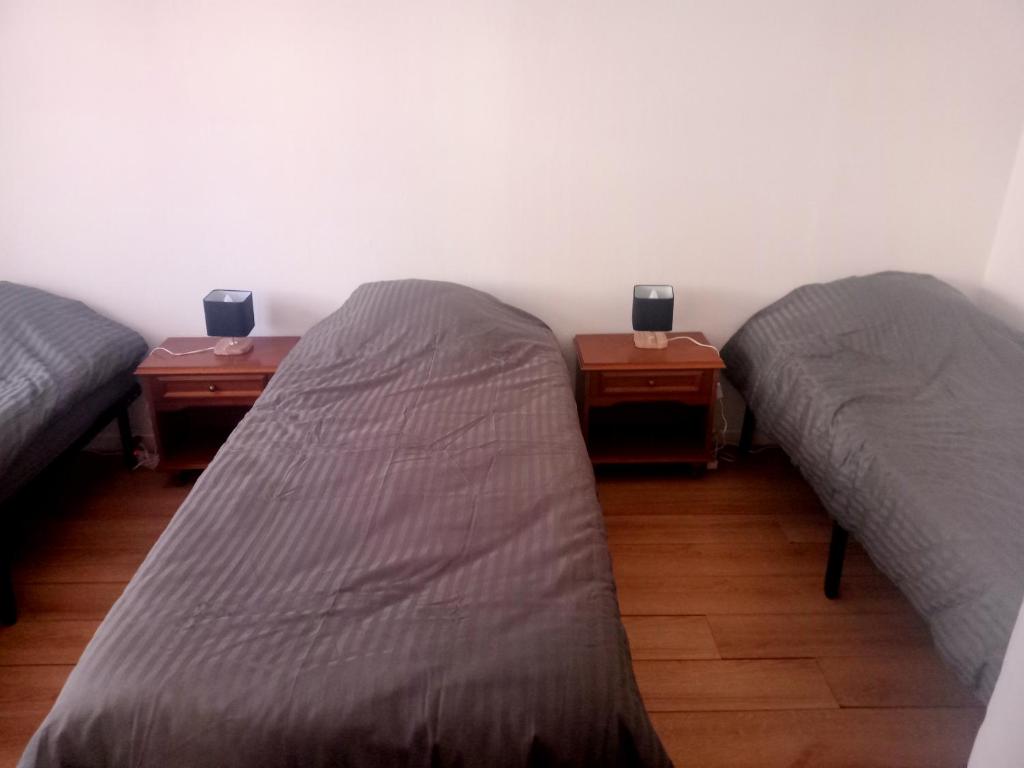 two beds in a room with two night stands at appartement 2-3 pièce in Pfaffenhoffen