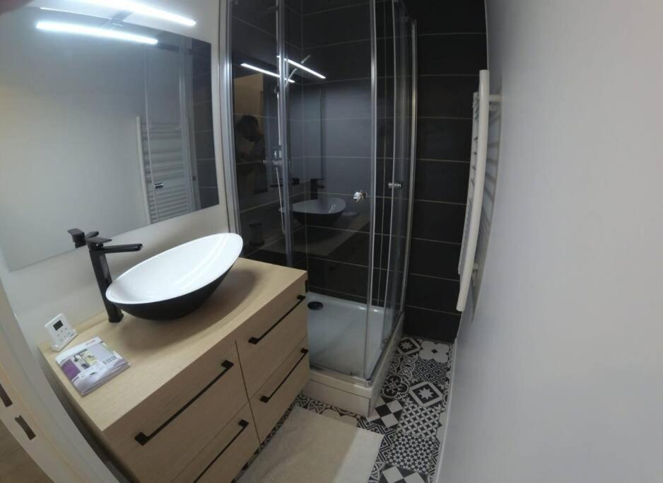 een badkamer met een wastafel en een glazen douche bij Spacieux 4 chambres au cœur de Cergy in Cergy