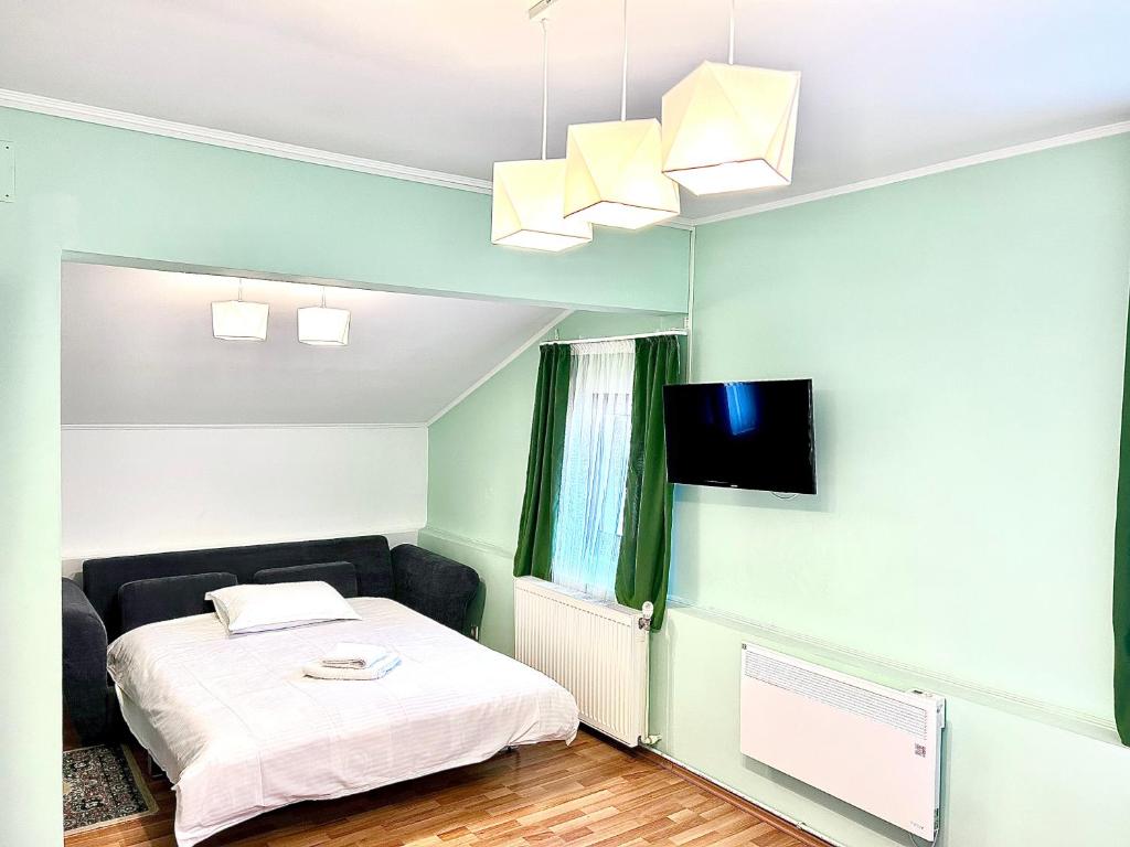 1 dormitorio con 1 cama y TV de pantalla plana en Casa Ador, en Sinaia