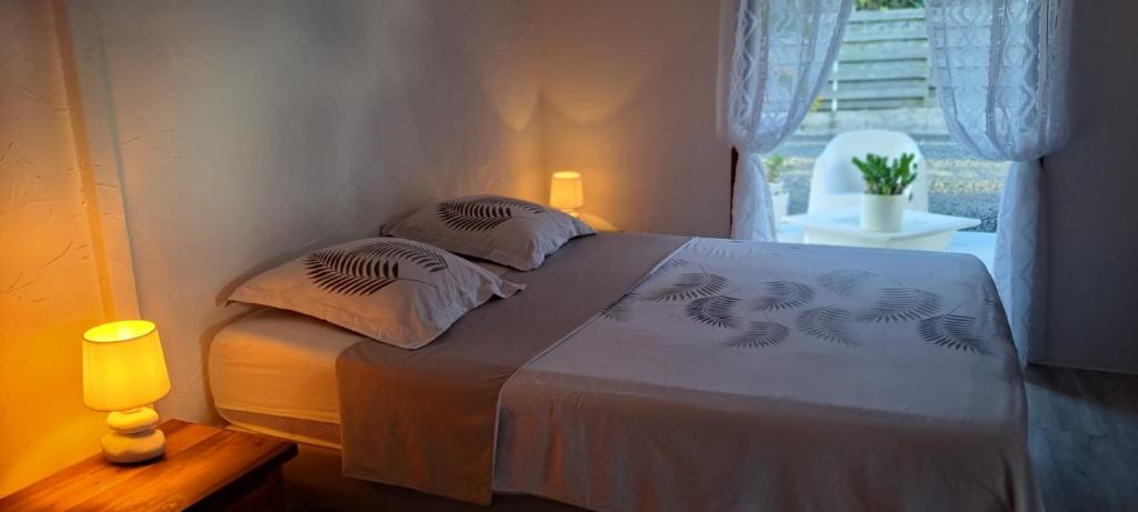 a bedroom with a bed with a lamp and a window at Villa TYNO in Le Moule