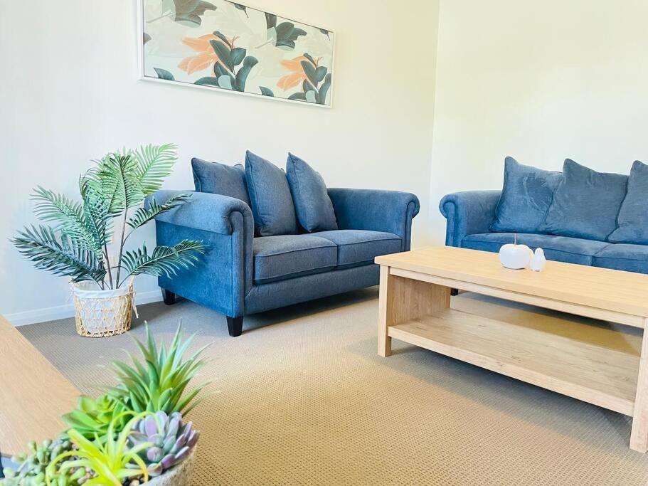Sala de estar con 2 sofás azules y mesa de centro en Sophisticated City Retreat with All the Comforts, en Wagga Wagga