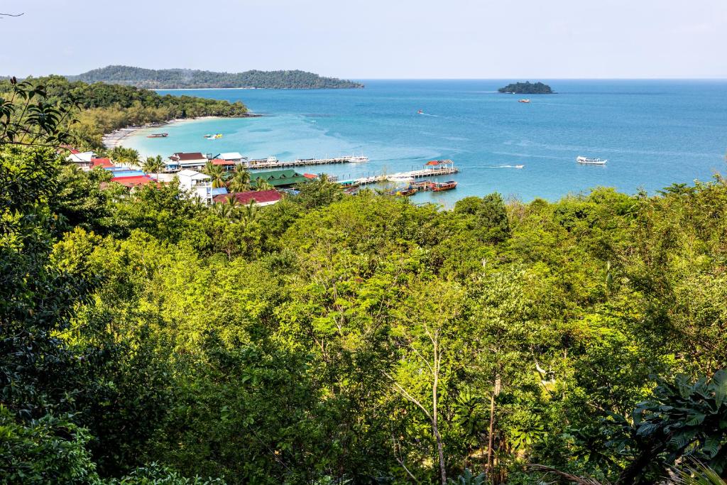 a view of a harbor with boats in the water at Sweet View Guesthouse in Koh Rong