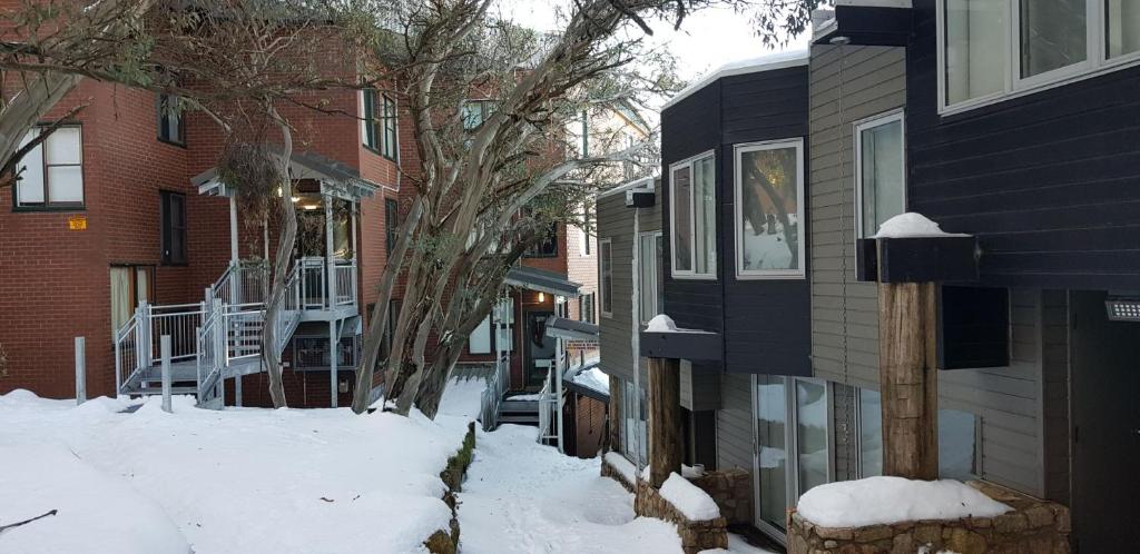 a snow covered street in front of a house at Beehive 18 in Mount Buller