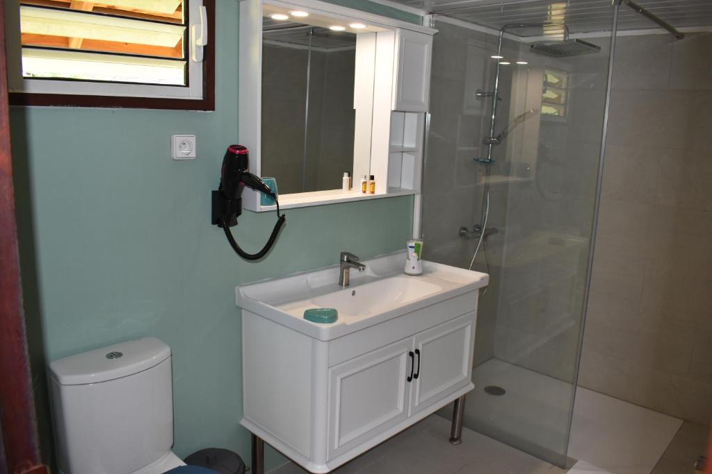 a bathroom with a sink and a shower at Fare Aute Beach in Vaianae