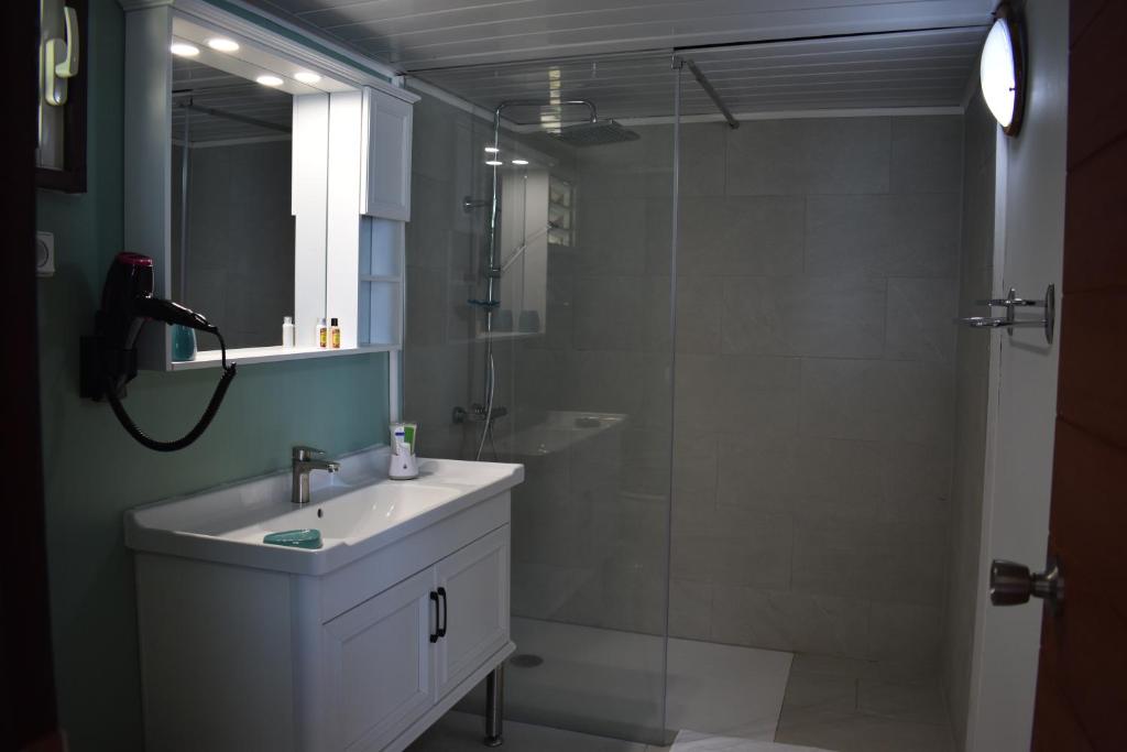 a bathroom with a sink and a glass shower at Fare Aute Beach in Vaianae
