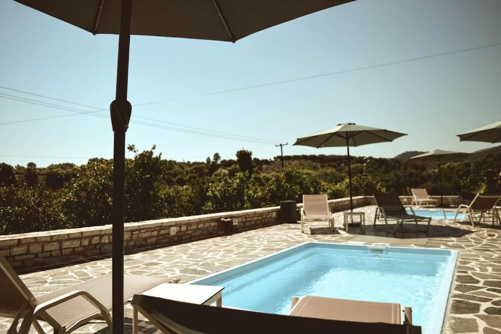 a swimming pool with chairs and an umbrella at Blue in Green South in Kastrosikia