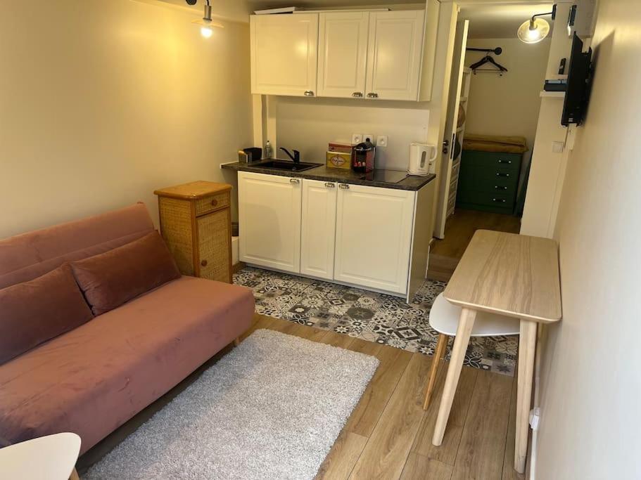 a living room with a couch and a kitchen at Charm'in Champigny: Studio cosy, détente & travail in Champigny-sur-Marne