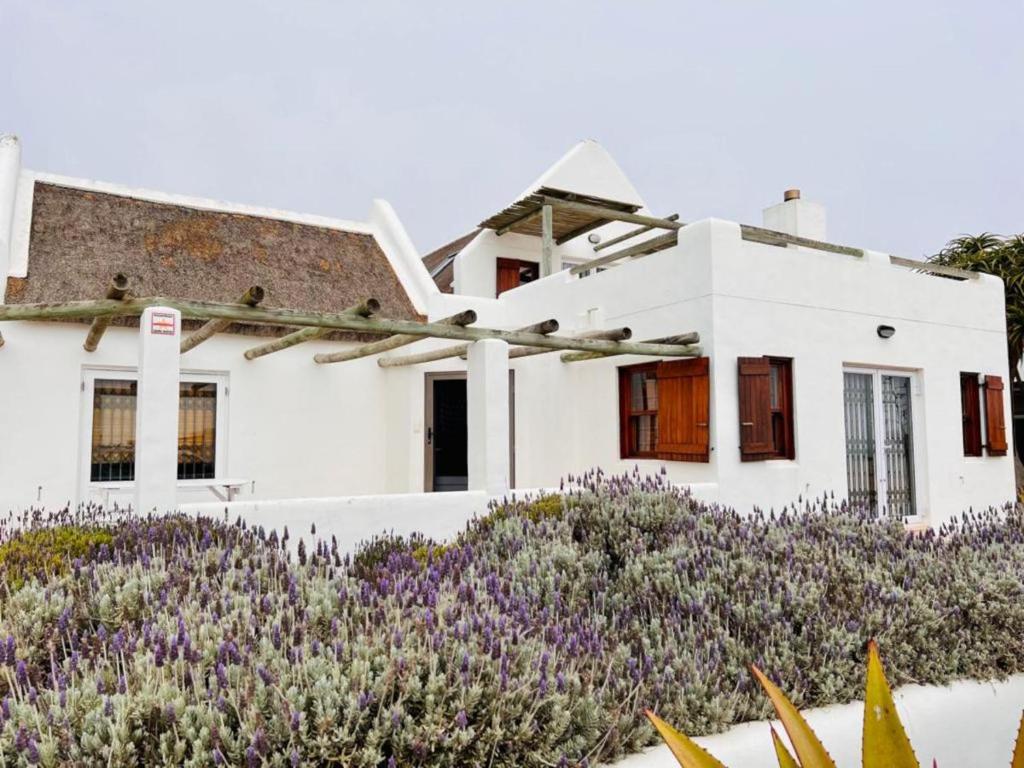 Uma casa branca com flores roxas à frente. em SeaHouse em Jacobs Bay