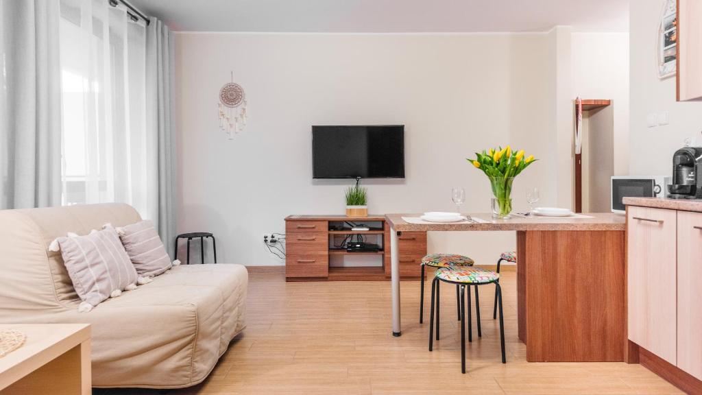 Televízia a/alebo spoločenská miestnosť v ubytovaní Apartamenty Sun & Snow Żeromskiego Krynica Morska - blisko morza