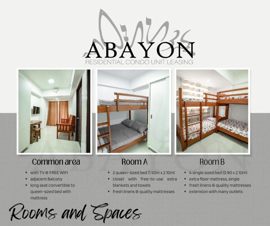 バギオにあるCozy Condos Abayon - Baguio City Center near Burnhamの二段ベッド2組付きの部屋の写真3枚