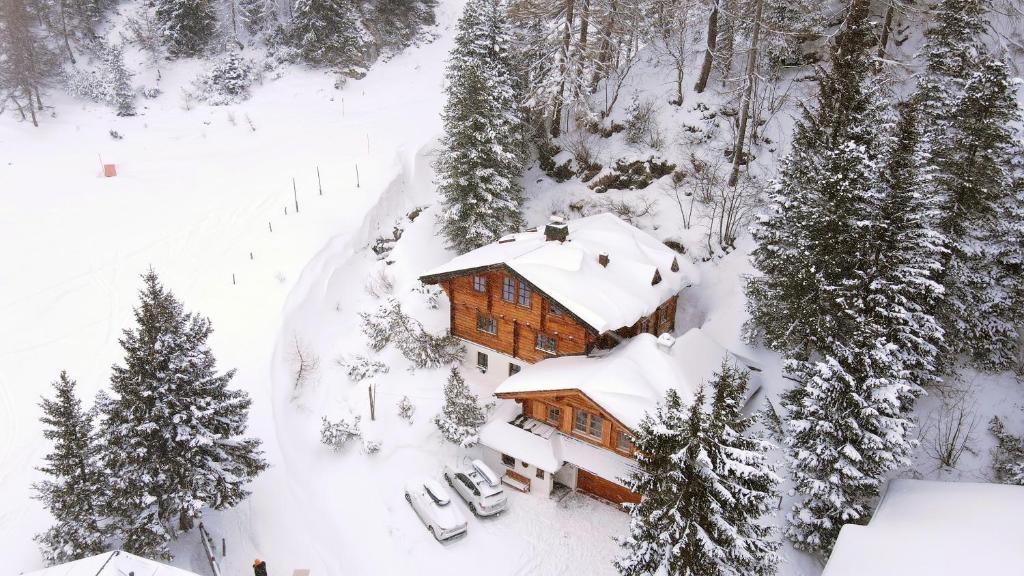 MOUNTAINRANGER - Lodge في اوبرتاورن: كابينة خشبية في الثلج مع الزحافات في الأمام