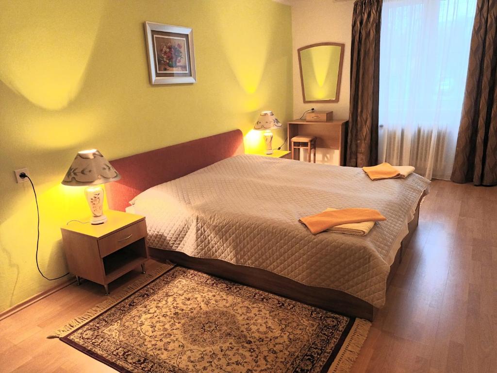 a bedroom with a bed with a lamp and a rug at ŠD Němcovej 1 in Košice