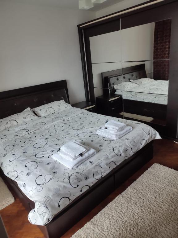 a bedroom with a bed and a large mirror at Concept home Valcea in Râmnicu Vâlcea