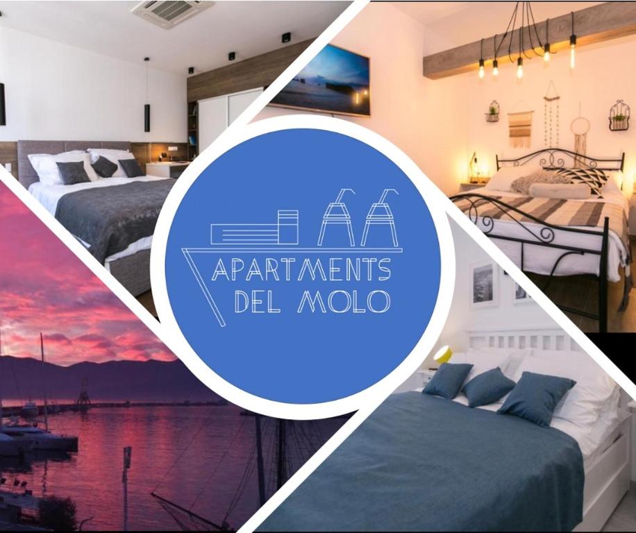 eine Collage mit vier Bildern eines Schlafzimmers mit Betten in der Unterkunft Apartments Del Molo in Rijeka