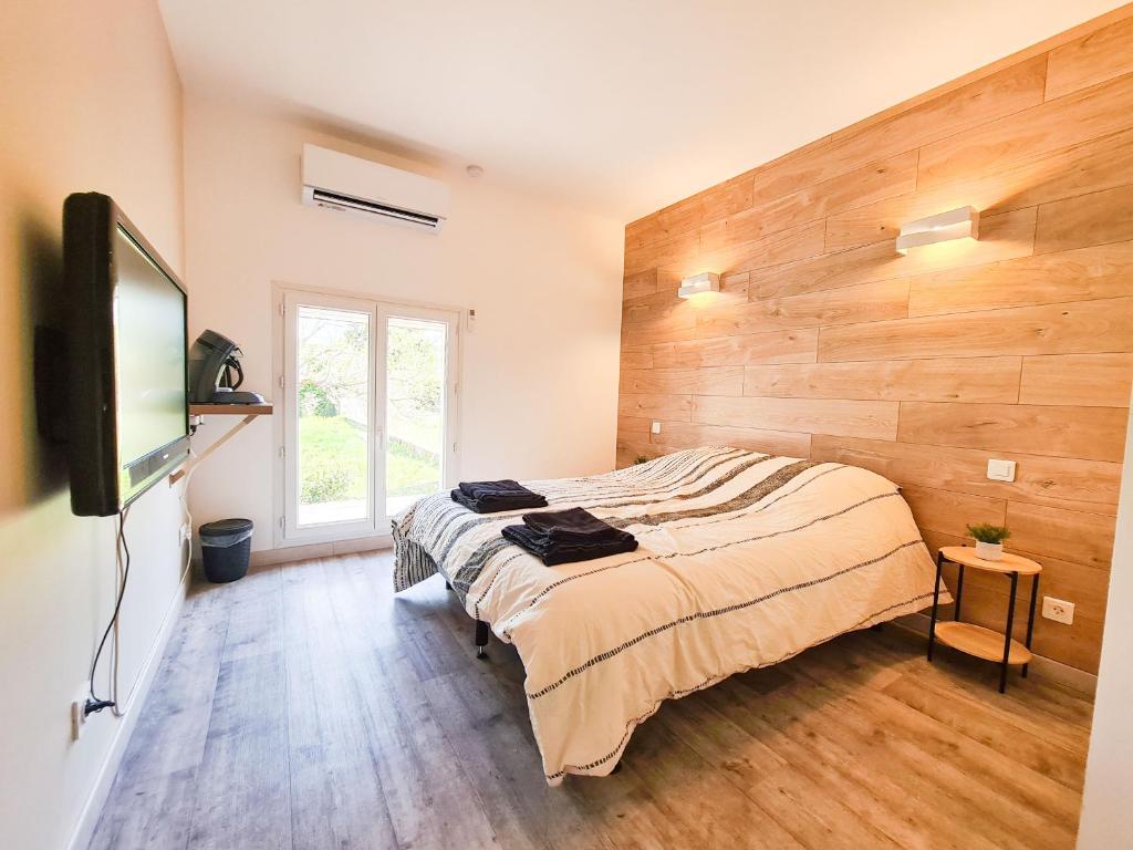 a bedroom with a bed and a flat screen tv at Élégante suite à deux pas de la Cité Épiscopale d'Albi in Albi