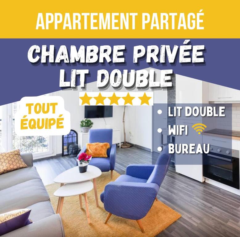 Chambre Privée - TOUT CONFORT - WIFI في تولوز: صورة غرفة معيشة مع أريكة وكراسي