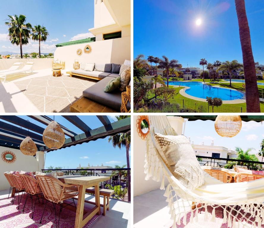 un collage de fotos de un complejo con hamaca y piscina en StayatSas Luxe App vlakbij strand, 80 m2 terras, grote zwembaden Marbella, en Marbella