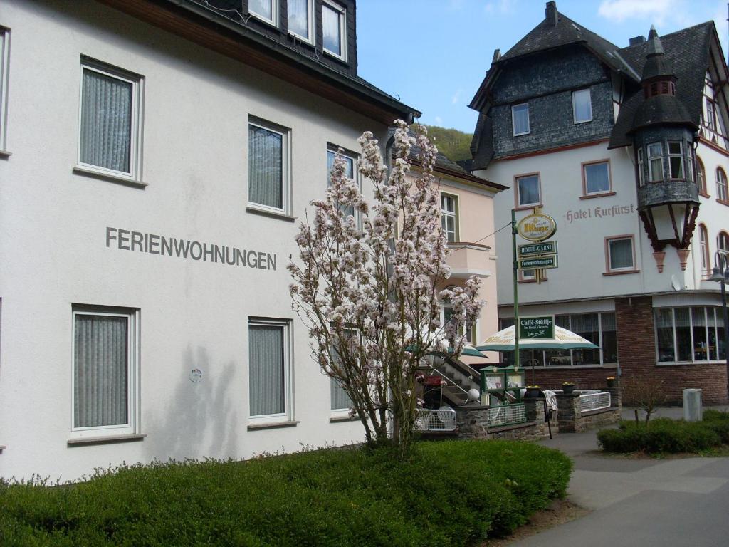 ein weißes Gebäude mit einem Baum davor in der Unterkunft Ferienwohnung Viktoria in Bad Bertrich