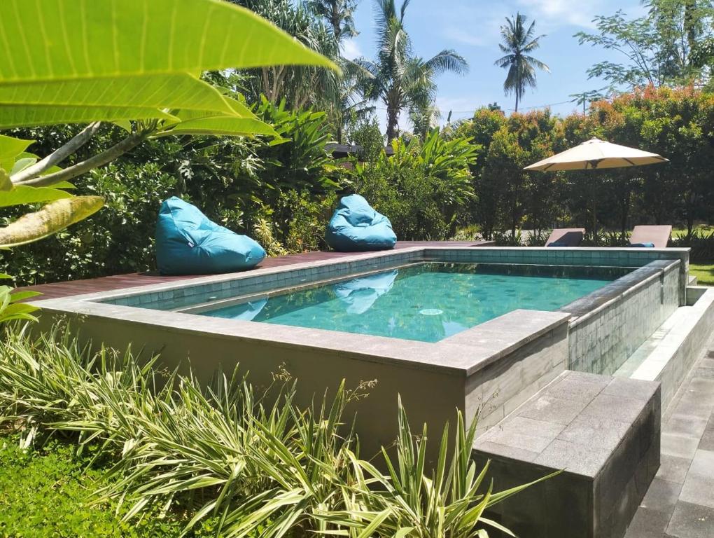 a swimming pool in a garden with a bench and an umbrella at Villa Jeruk in Selong Belanak
