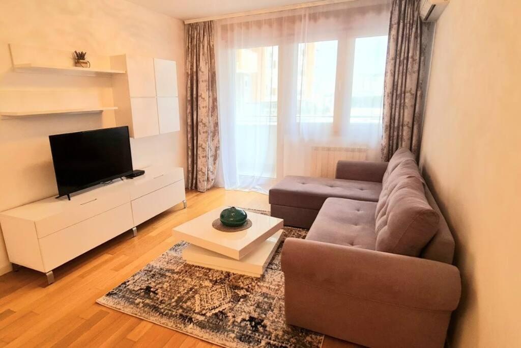 ein Wohnzimmer mit einem Sofa und einem TV in der Unterkunft Stylish New Belgrade apt parking 5e per day in Belgrad