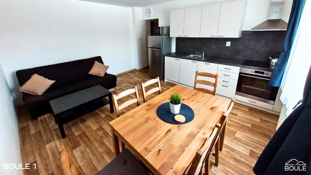 a small apartment with a wooden table and a kitchen at Apartmány Boule in Kovářská
