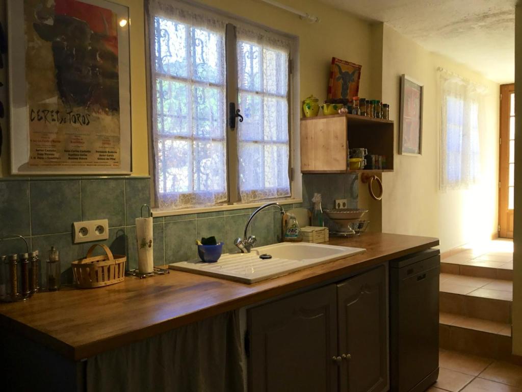 un bancone della cucina con lavandino e finestra di Maison de 4 chambres avec jardin clos et wifi a Ceret a Céret