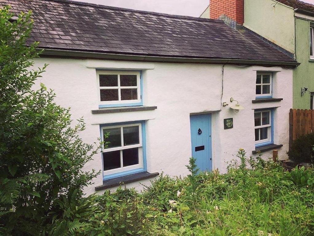 a white house with blue windows and a blue door at Penrallt-Fach Traditional Welsh cottage Pembrokeshire in Mynachlogddu