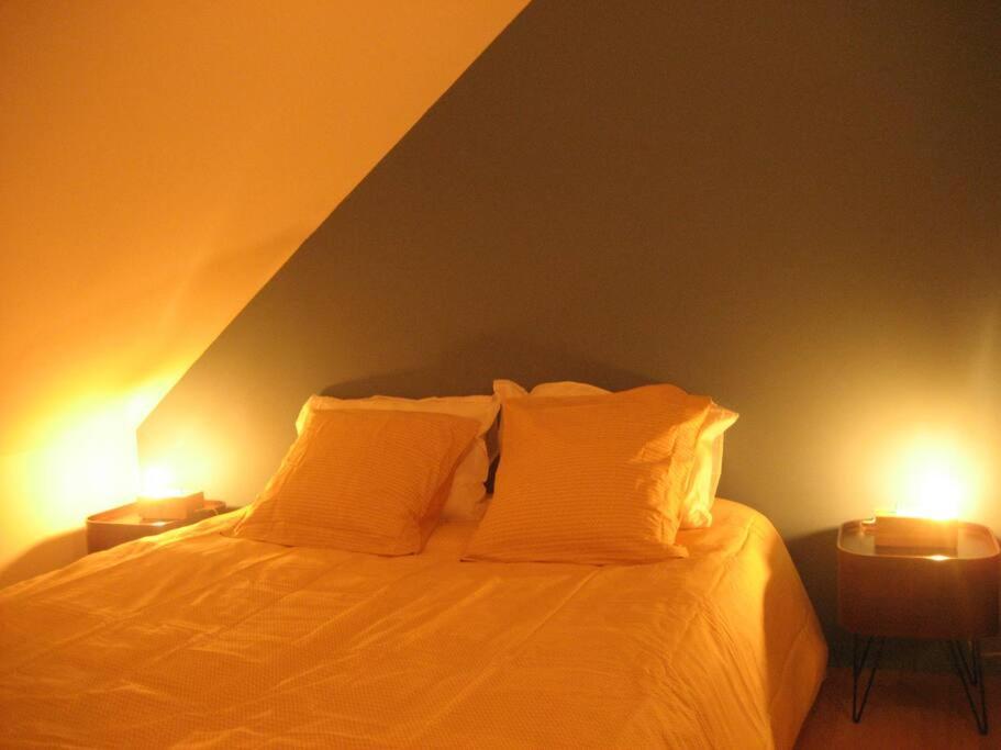 Een bed of bedden in een kamer bij Tr&egrave;s beau g&icirc;te, avec SPA Finlandais, pr&egrave;s d&#39;Angers