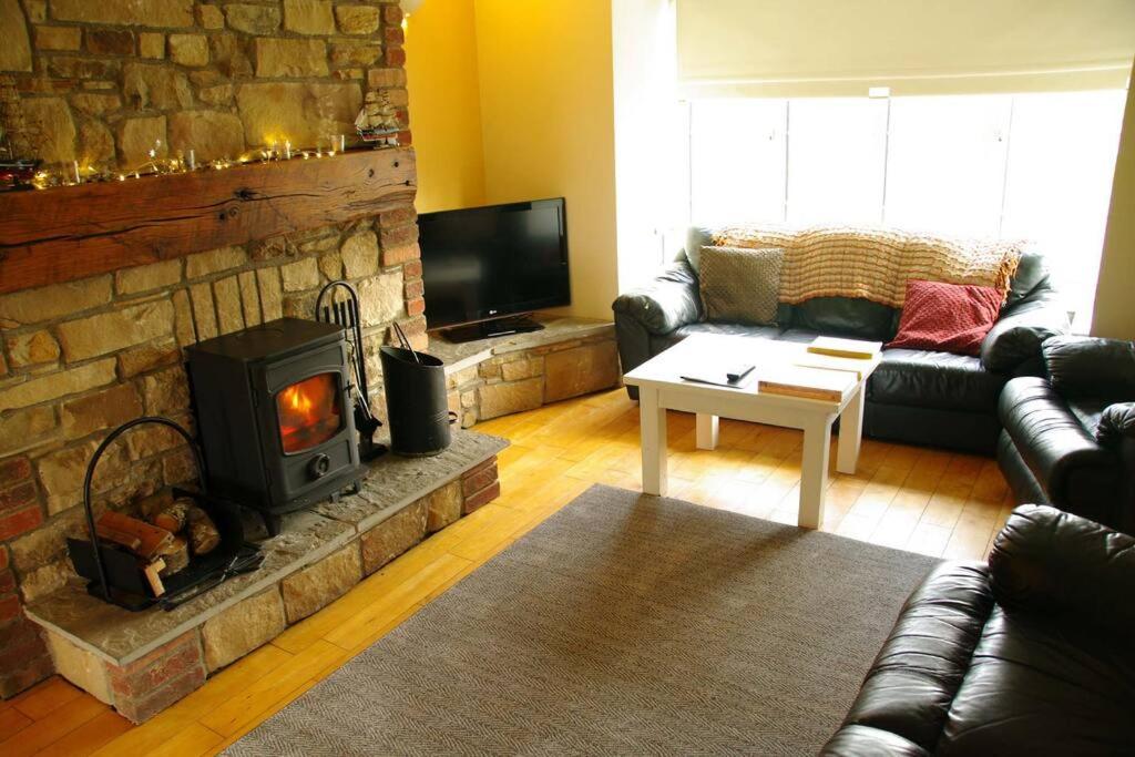 uma sala de estar com lareira e sofá em Cosy & convenient beach retreat em Tramore
