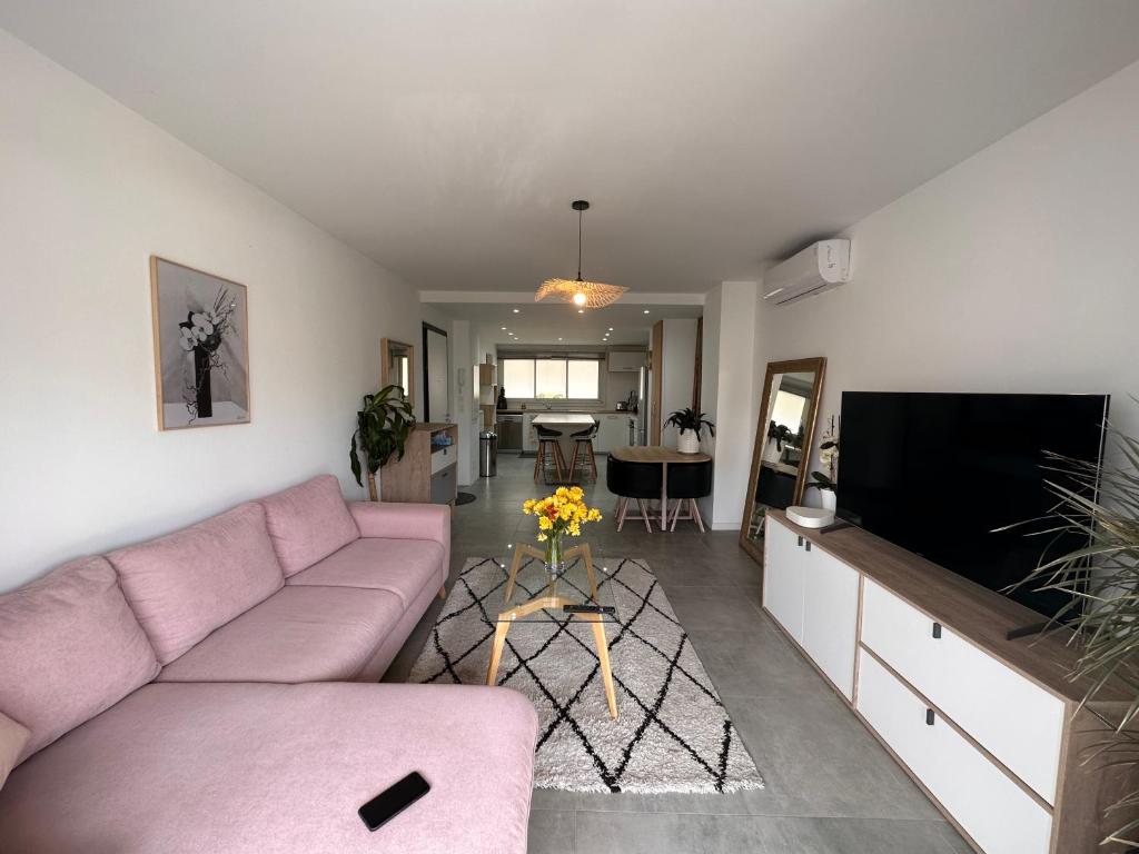 uma sala de estar com um sofá rosa e uma televisão em La Garde d'Antoine - Appartement centre ville em La Garde