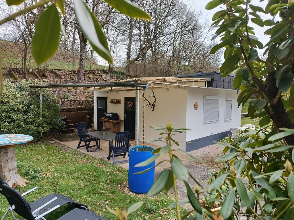 a small shed with chairs and a table in a yard at Ferienhaus Wald&Wiese 