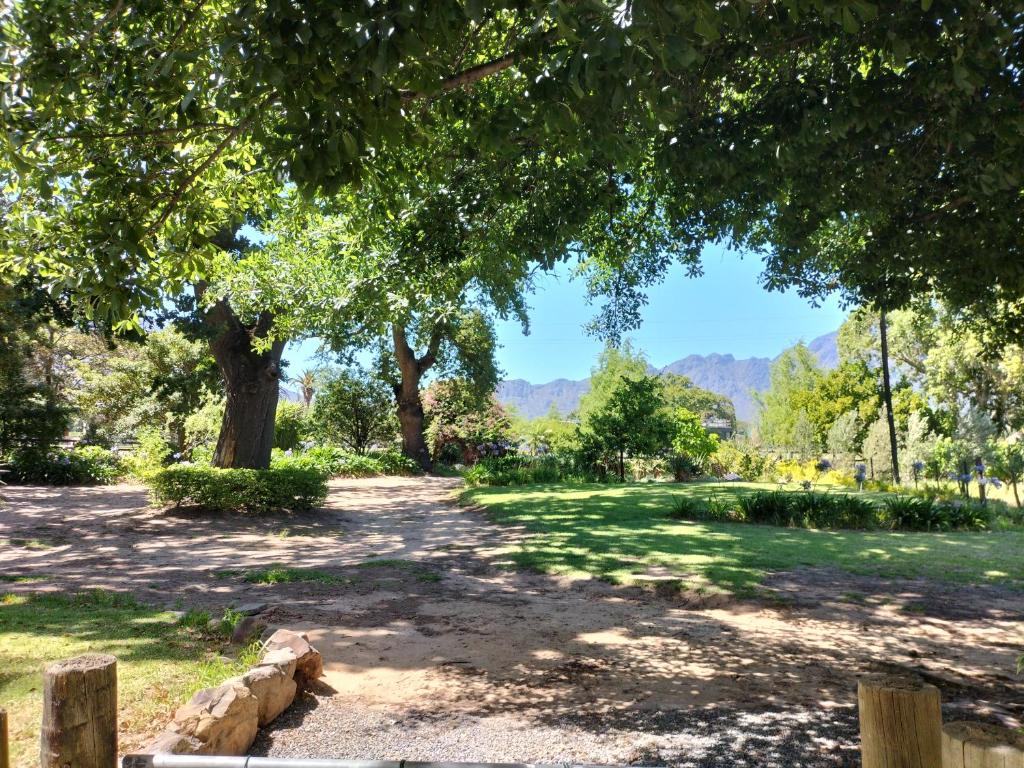 a path in a park with trees and grass at Olive and Vine Farm Cottage in Franschhoek