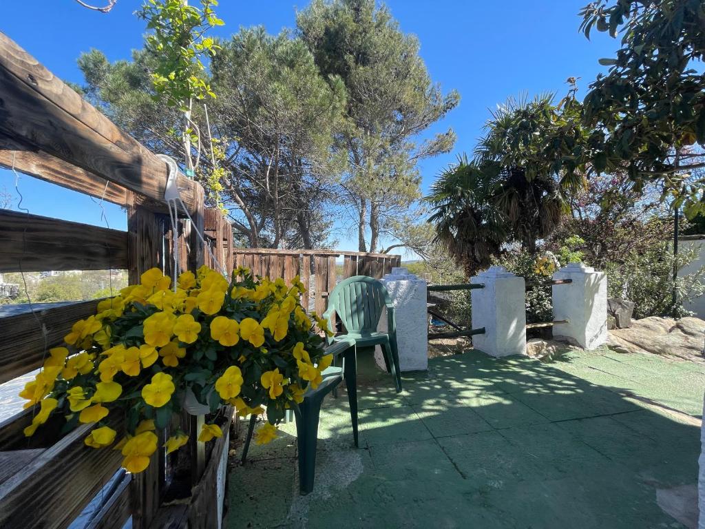 a bench with a bouquet of yellow flowers next to a fence at Casa Fidelina II Miraflores de la Sierra in Miraflores de la Sierra