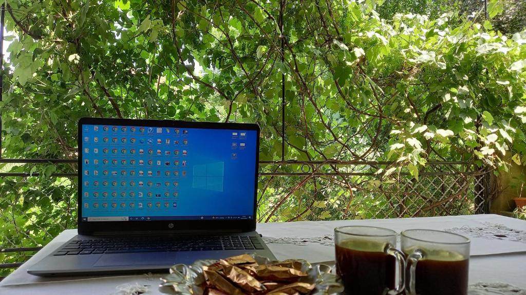 a laptop computer sitting on a table next to two glasses at Baleni in Sisian