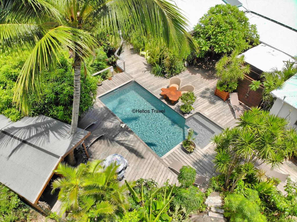 an overhead view of a swimming pool in a resort at Gîtes Atemoya. Petit Bas Vent Fort Royal. in Deshaies