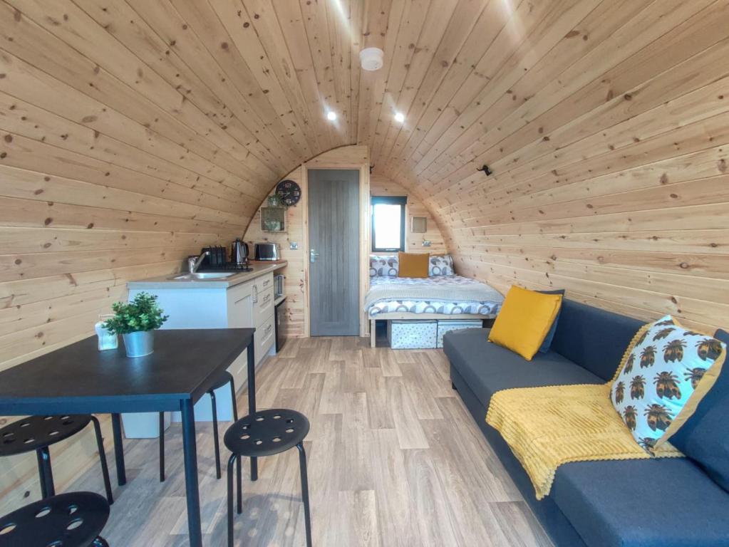 a living room with a couch and a table in a room at Haven Pod Easkey in Sligo