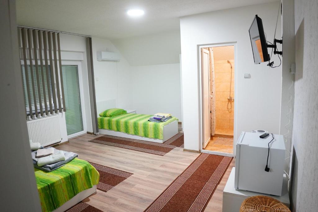 a room with a bed and a television in it at Rooms Busujok in Kladovo