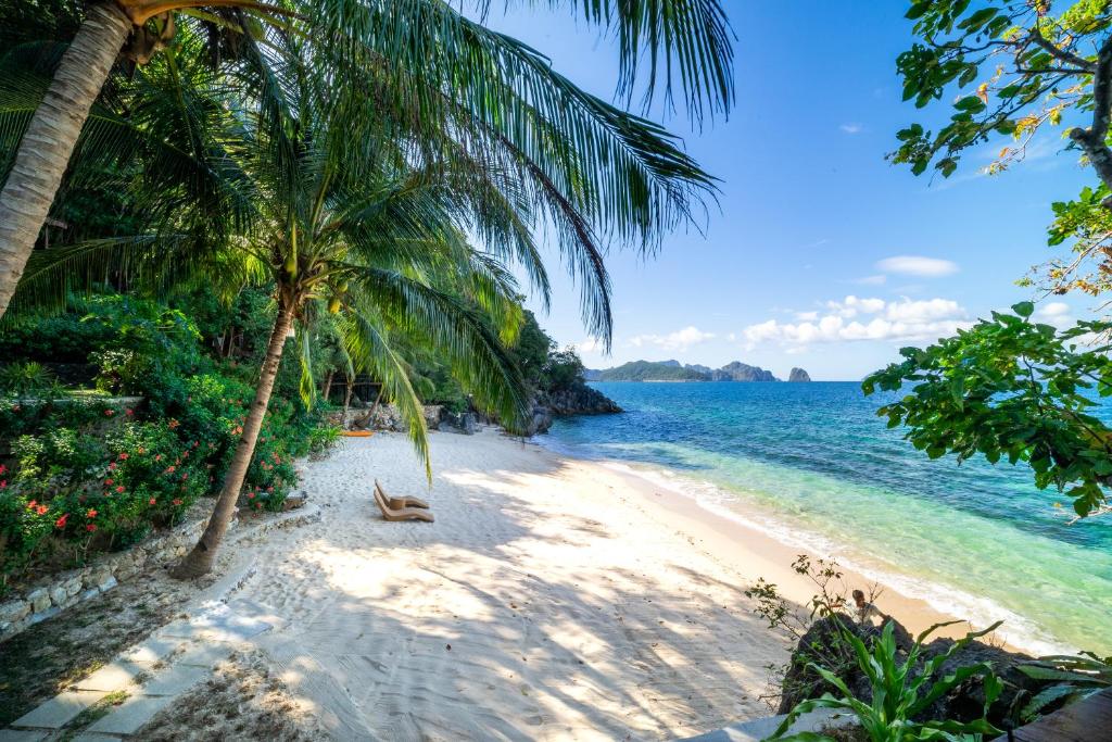 a beach with two palm trees and the ocean at Kudugman Beach Cottages - El Nido in El Nido