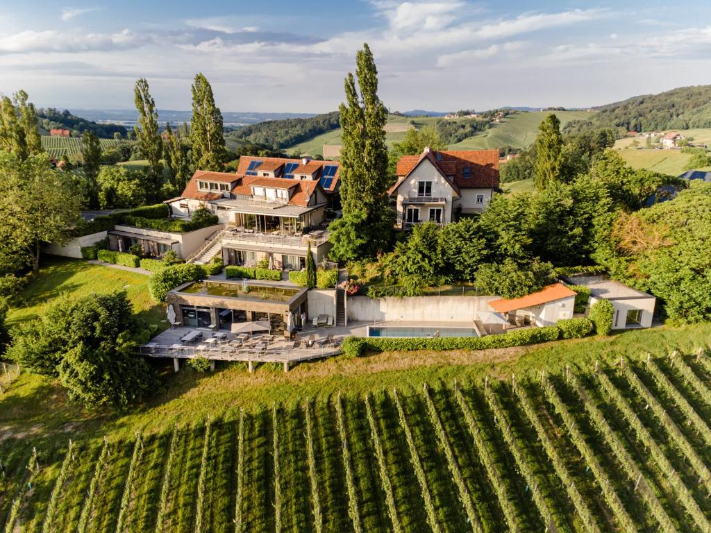 an aerial view of a estate with a vineyard at Winkel Art Hotel in Gamlitz