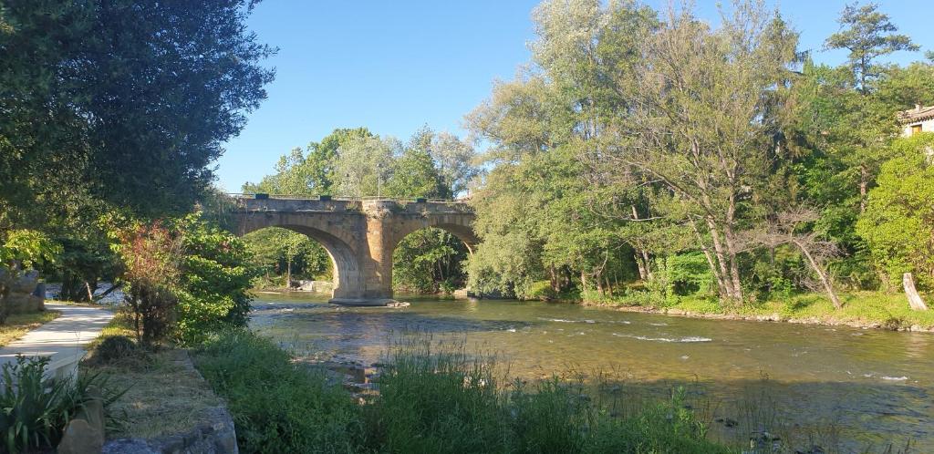 most nad rzeką z drzewami i wodą w obiekcie Le lorrain w mieście Campagne-sur-Aude