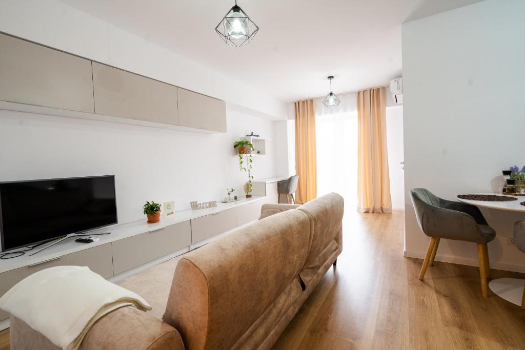 een woonkamer met een bank en een televisie bij City Center Accommodation - 404 in Reşiţa