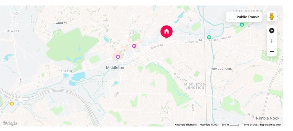 una captura de pantalla de un mapa de Google con un marcador en Private RoomB Middleton Manchester en Middleton