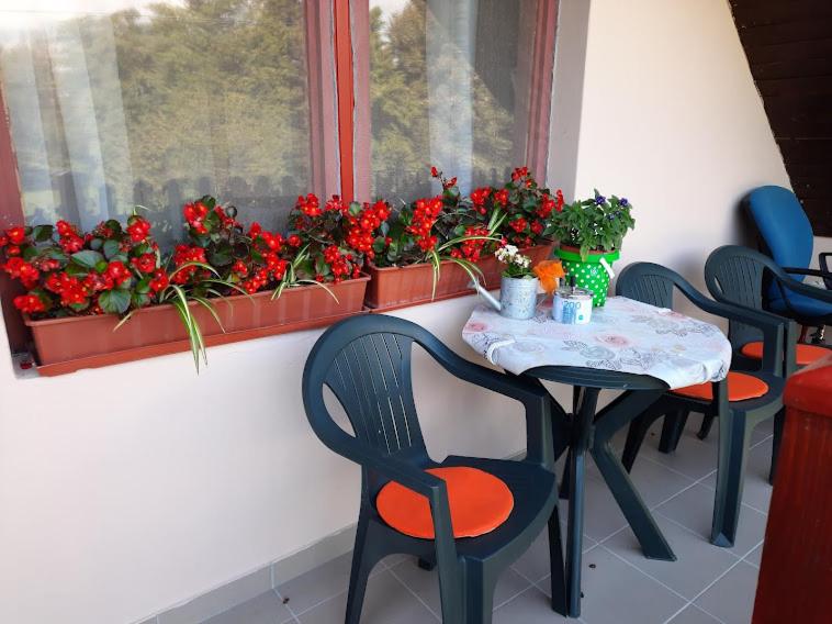 a table and chairs sitting in front of a window with flowers at Tahi Apartman in Tahitótfalu