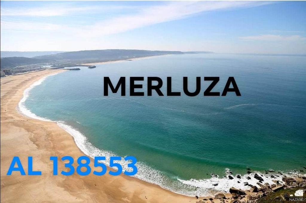 uma imagem de uma praia com as palavras merilova em Merluza na Nazaré