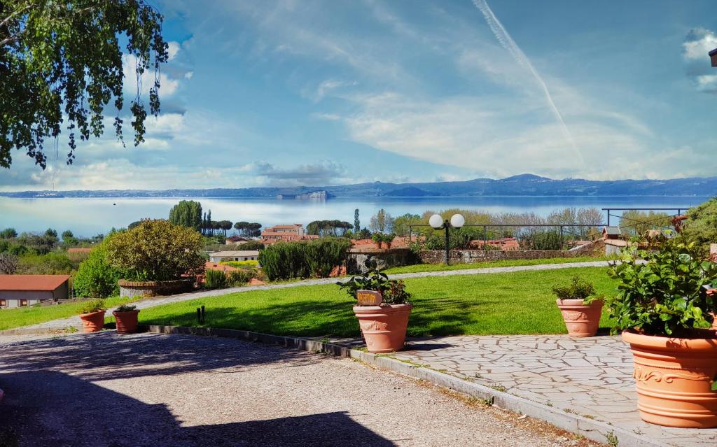 ボルセーナにあるAgriturismo Le Vigneの鉢植えの植物が植えられたパティオ、湖の景色を望む