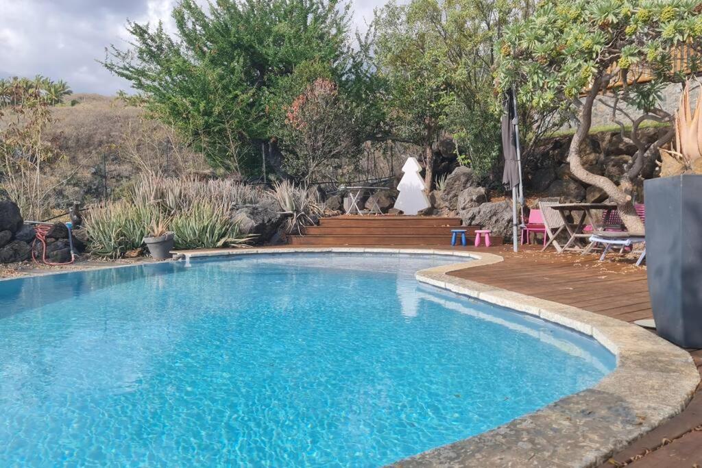 einen Pool in einem Garten mit einer Bank in der Unterkunft Villa Surprise avec piscine à St Leu in Saint-Leu