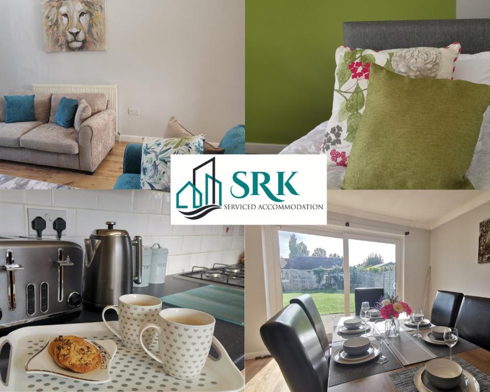 a collage of pictures of a kitchen and a living room at SRK - Chalet House near Town with Large Garden by Srk Serviced Accommodation in Peterborough