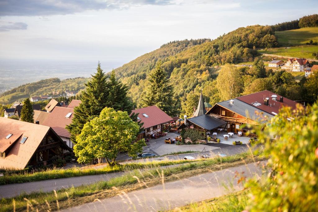an aerial view of a village with a church at Hotel Spinnerhof in Sasbachwalden
